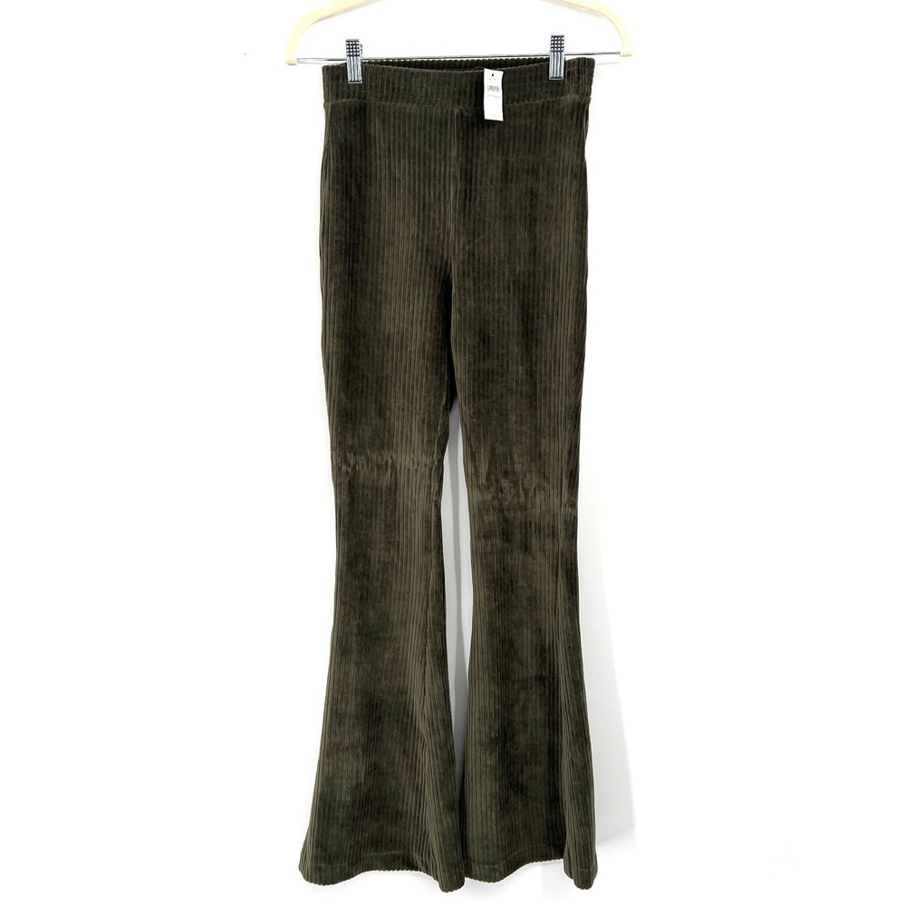 NEW Aerie Groove-On Velour High Waisted Flare Pants boho ribbed stretch green XS